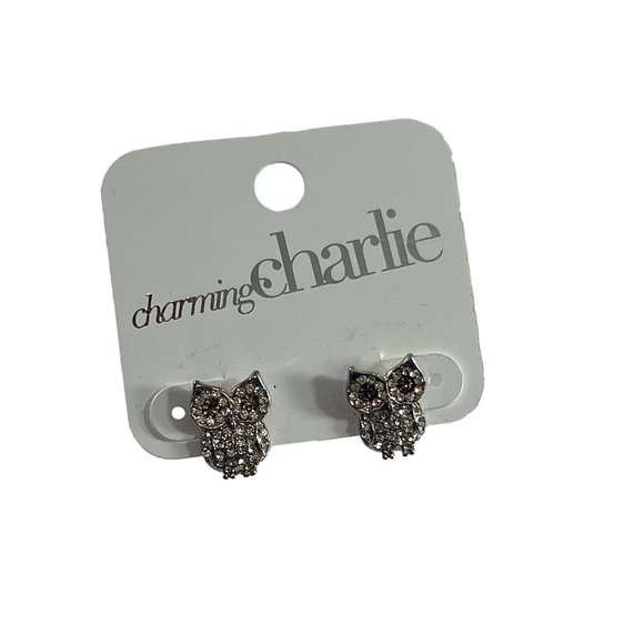 Charming Charlie Hoot Owl Stud Earrings Silver Tone Rhinestones Sparkle .5" New - Picture 1 of 5